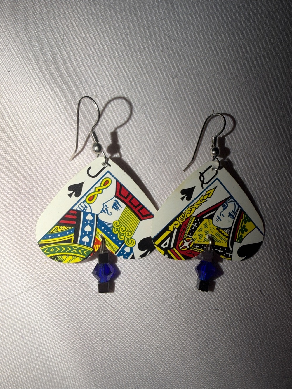 Playing Card Spade Queen Dangle Earrings with Blue Accent